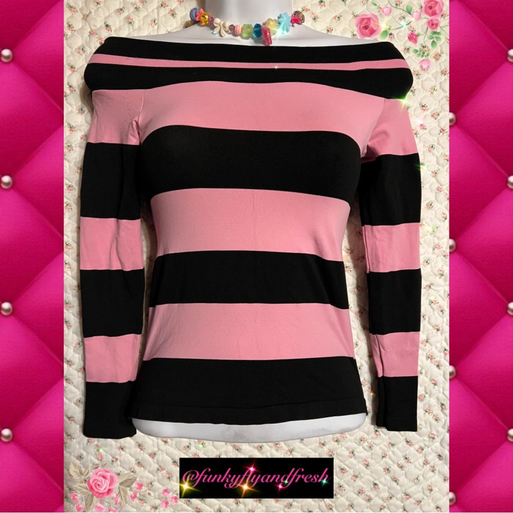 Sirens y2k Sz s/m super stretch pink & black striped long sleeve off shoulder